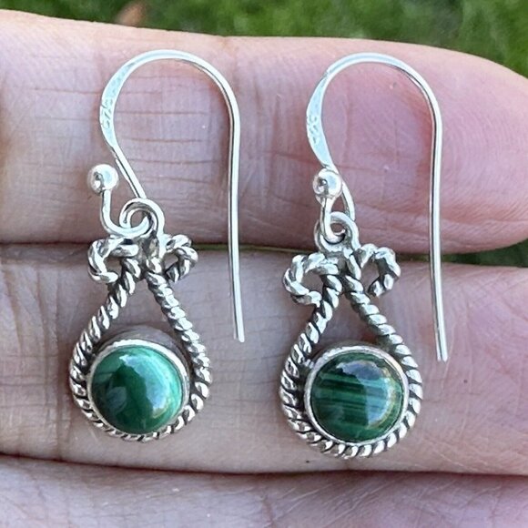 Malachite Cabochon Stone Dangle Earrings Marked 925 Sterling Silver Hook Drop‎ - Picture 1 of 5